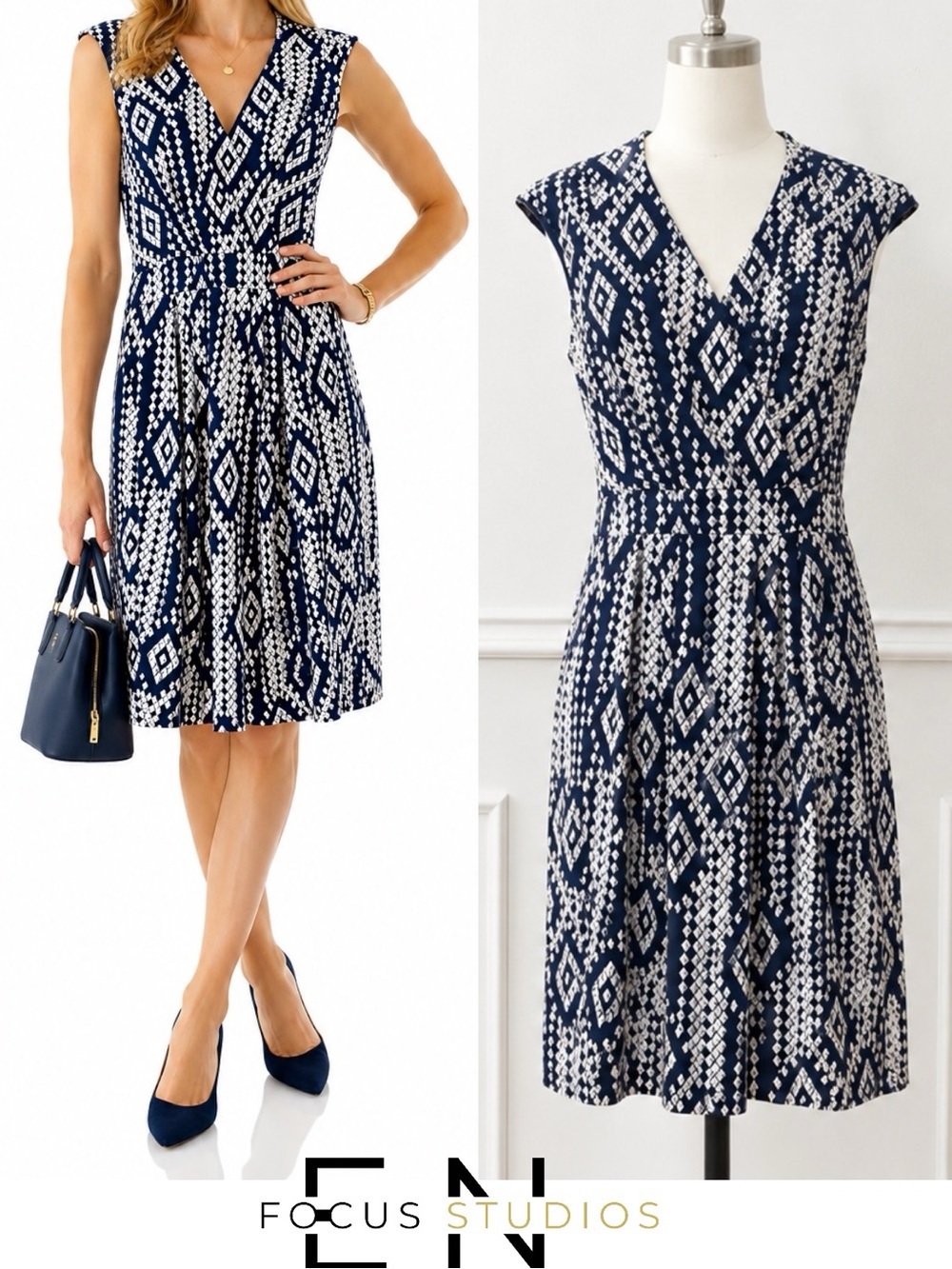 Enfocus Studio |NWOT Navy Ivory     Geometric V-Neck Printed Fit Flare Dress (6)